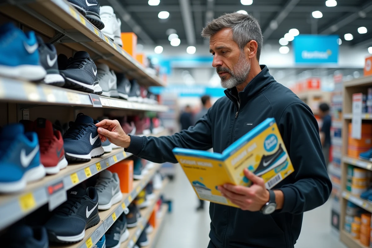 Homme tenant des chèques vacances ANCV en choisissant des chaussures de sport chez Decathlon