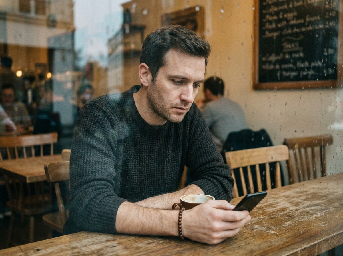 Homme absorbé par son smartphone dans un café parisien avec un bracelet chapelet au poignet, questionnant les limites entre pratique religieuse et addiction aux écrans dans la vie quotidienne