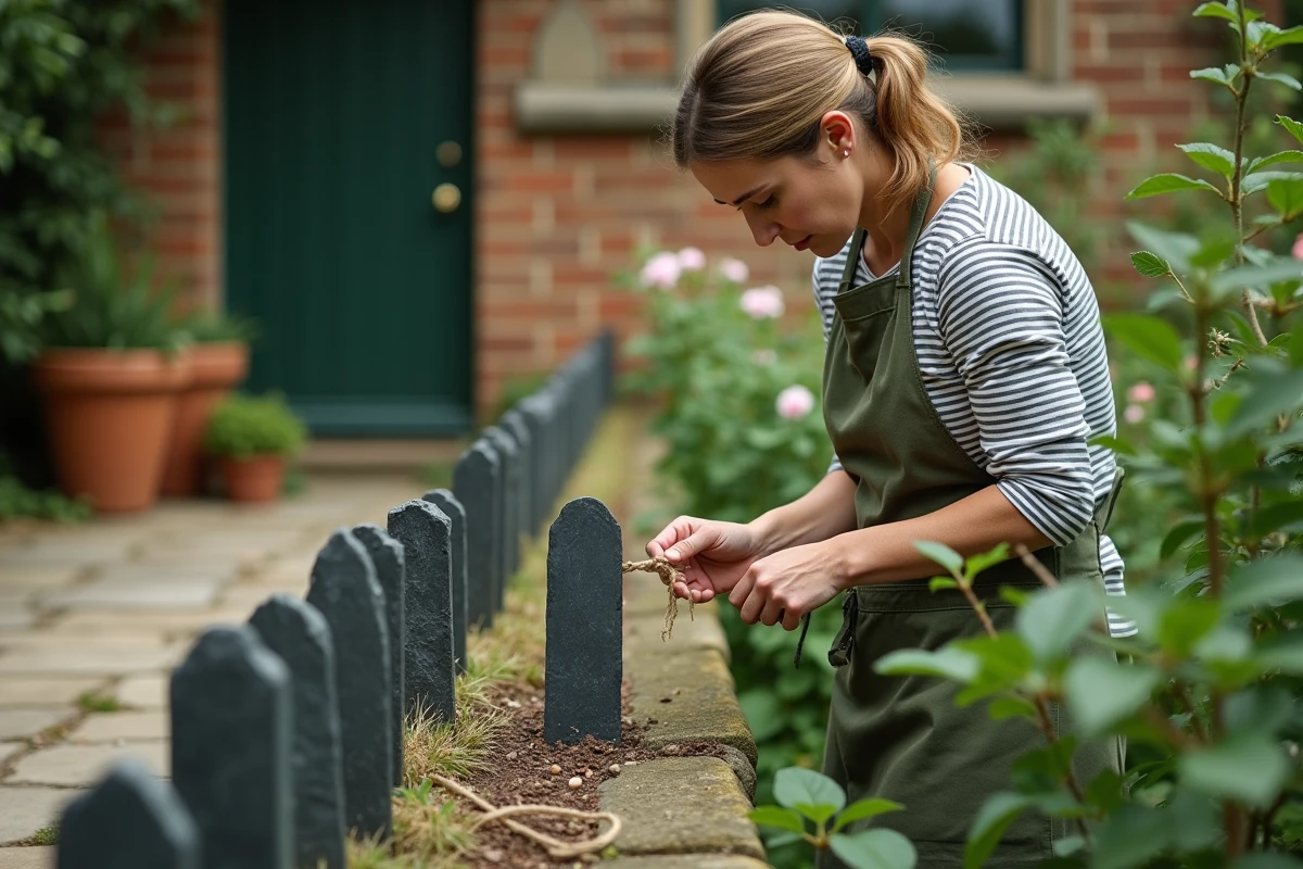 Femme installant des piquets de schiste le long d'un massif de roses au jardin