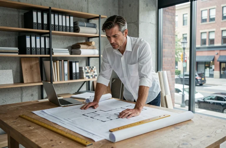 Architecte masculin étudiant des plans de construction immobilière dans un bureau moderne en France