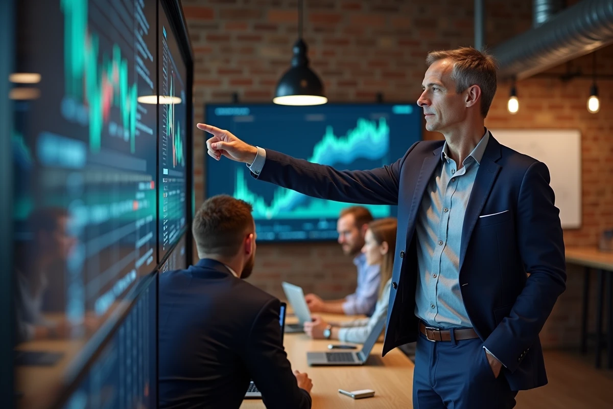 Cadre financier présentant des tableaux de bord de trading algorithmique sur un écran mural interactif en espace de coworking