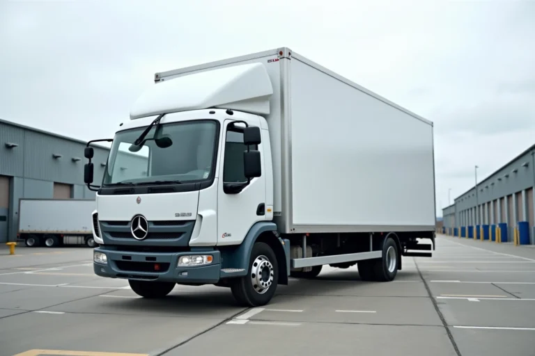 Camion 3,5 tonnes blanc garé dans un dépôt logistique urbain, vue trois quarts avant mettant en valeur la cabine et la caisse