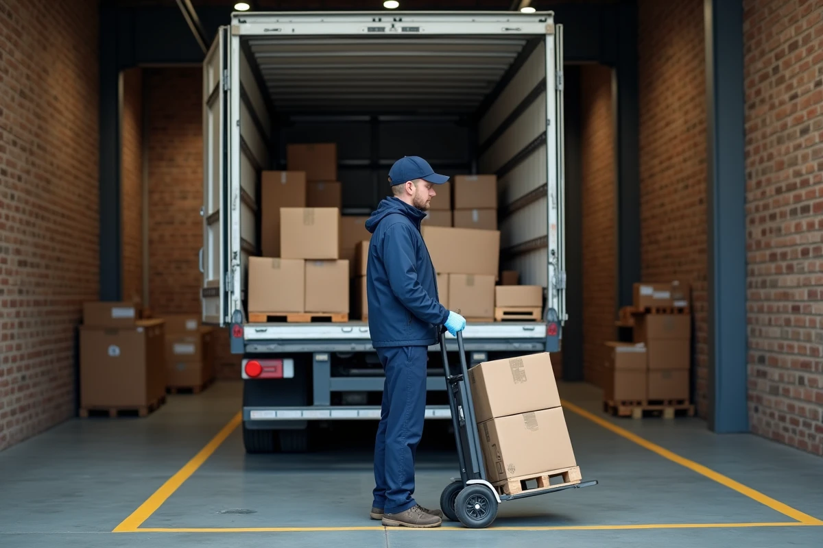 Chauffeur livreur déchargeant des colis depuis un camion 3,5 tonnes à quai dans un entrepôt de distribution