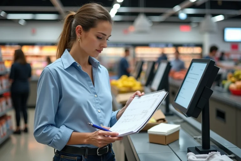 Femme consultant un calendrier et un chèque différé à la caisse d'un supermarché Leclerc en 2026