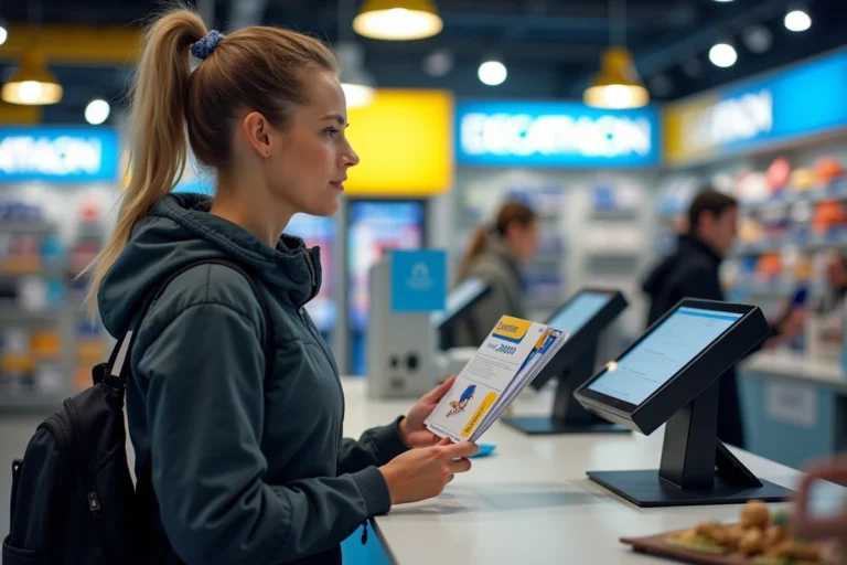 Femme utilisant un chèque vacances ANCV à la caisse d'un magasin Decathlon