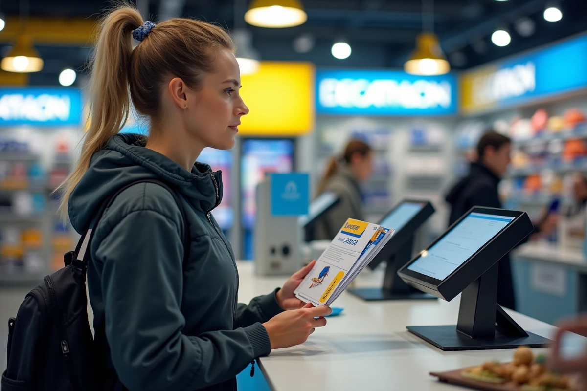 Femme utilisant un chèque vacances ANCV à la caisse d'un magasin Decathlon