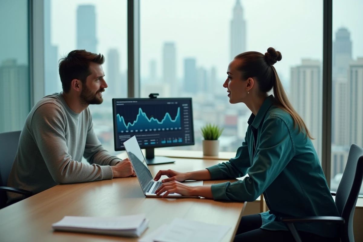 Deux professionnels de la finance analysant des tendances blockchain et crypto-monnaies sur un ordinateur portable dans un bureau moderne
