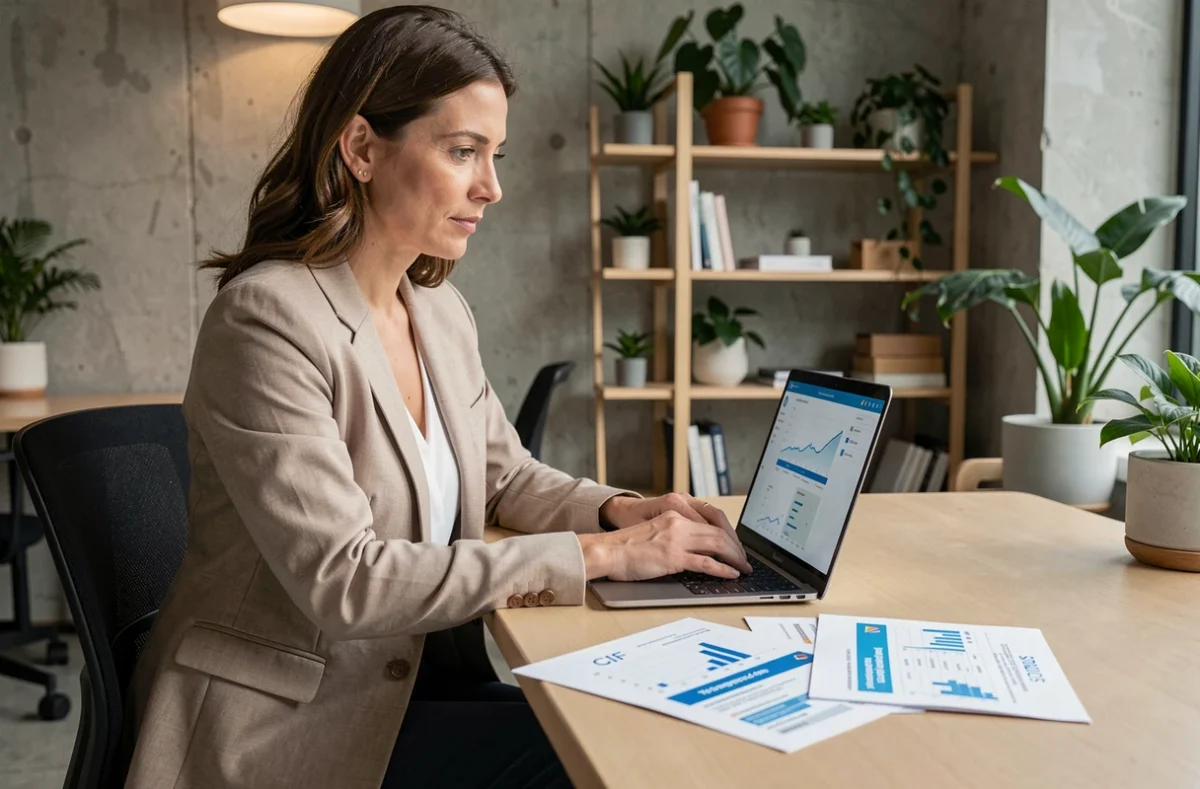 Femme consultant des documents comparatifs entre CIF, CIFactiv et banques traditionnelles dans un espace de coworking contemporain