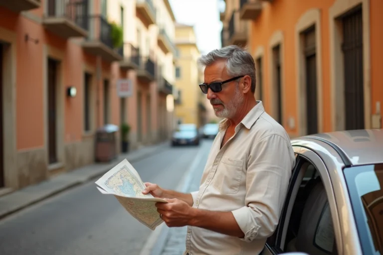 Homme consultant une carte papier appuyé contre une voiture de location dans une rue étroite de Palerme