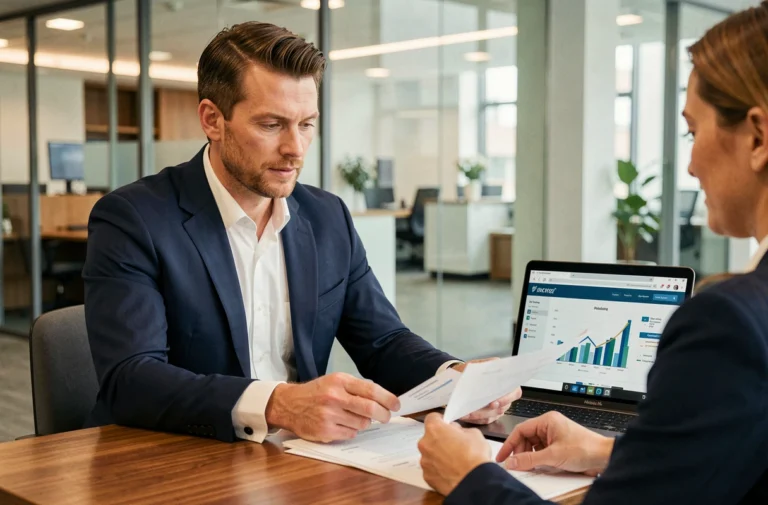 Conseiller financier CIF en réunion avec un client dans une agence bancaire moderne, comparant des documents financiers sur bureau en bois