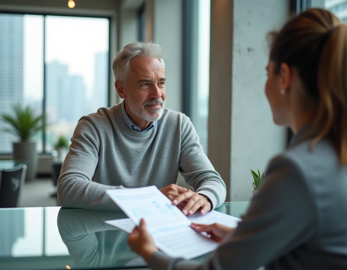 Homme discutant de stratégies d'investissement avec un conseiller financier dans une agence bancaire moderne