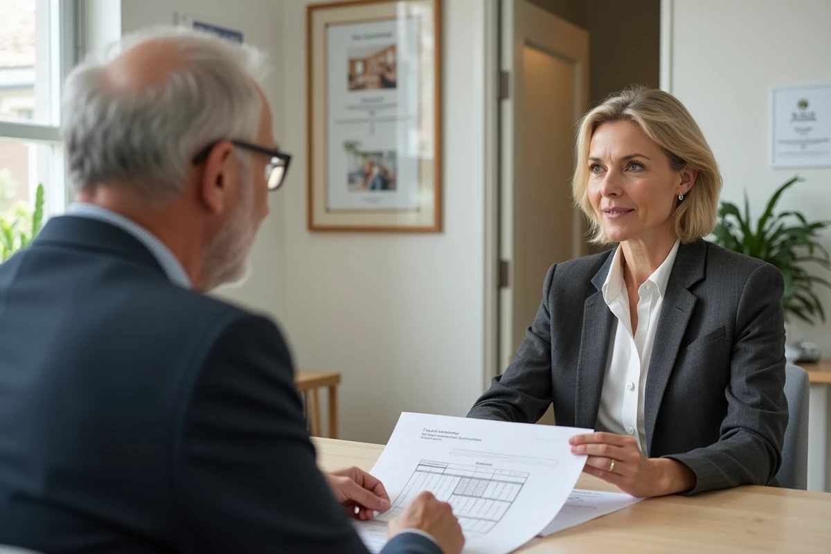 Une conseillère présente les options d'une résidence senior à un homme âgé lors d'un entretien en bureau
