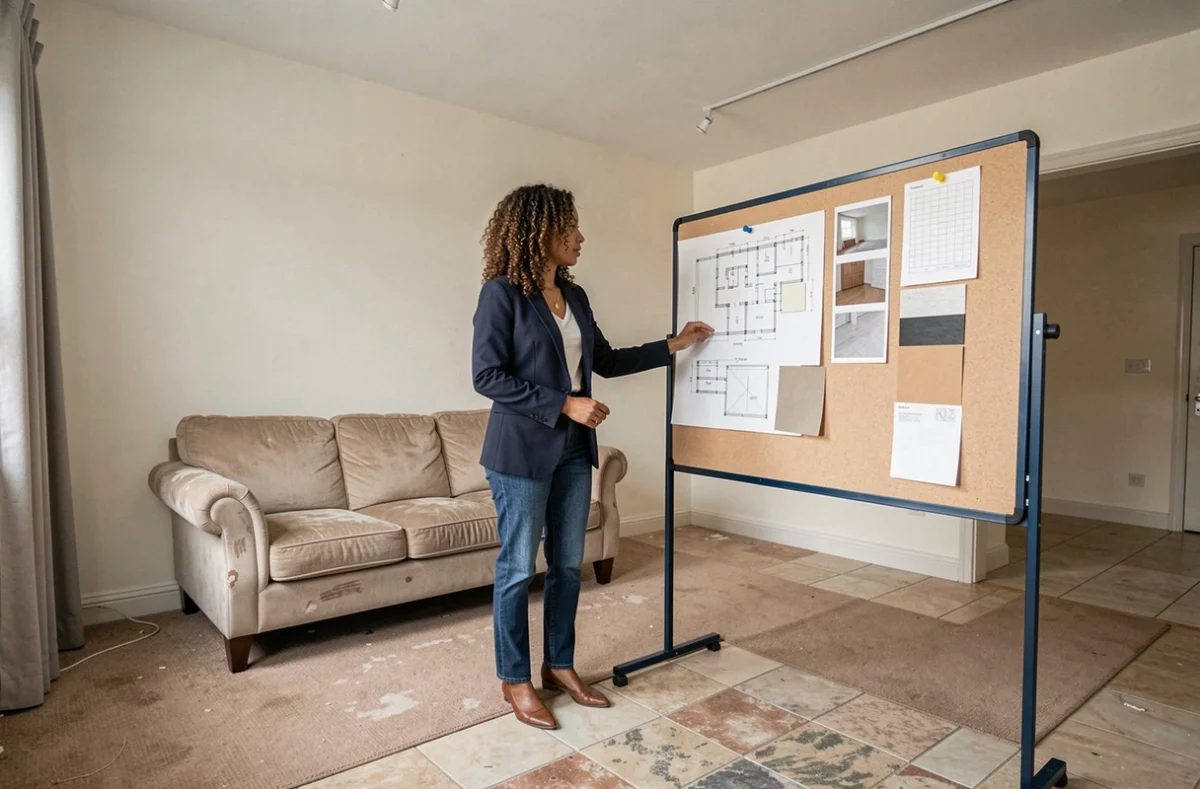 Décoratrice présentant un moodboard de rénovation de salon à une cliente dans un appartement ancien