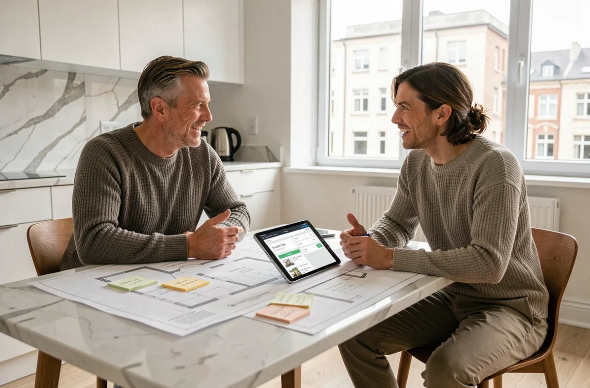Couple planifiant un projet immobilier avec des ressources numériques et des plans imprimés à la maison
