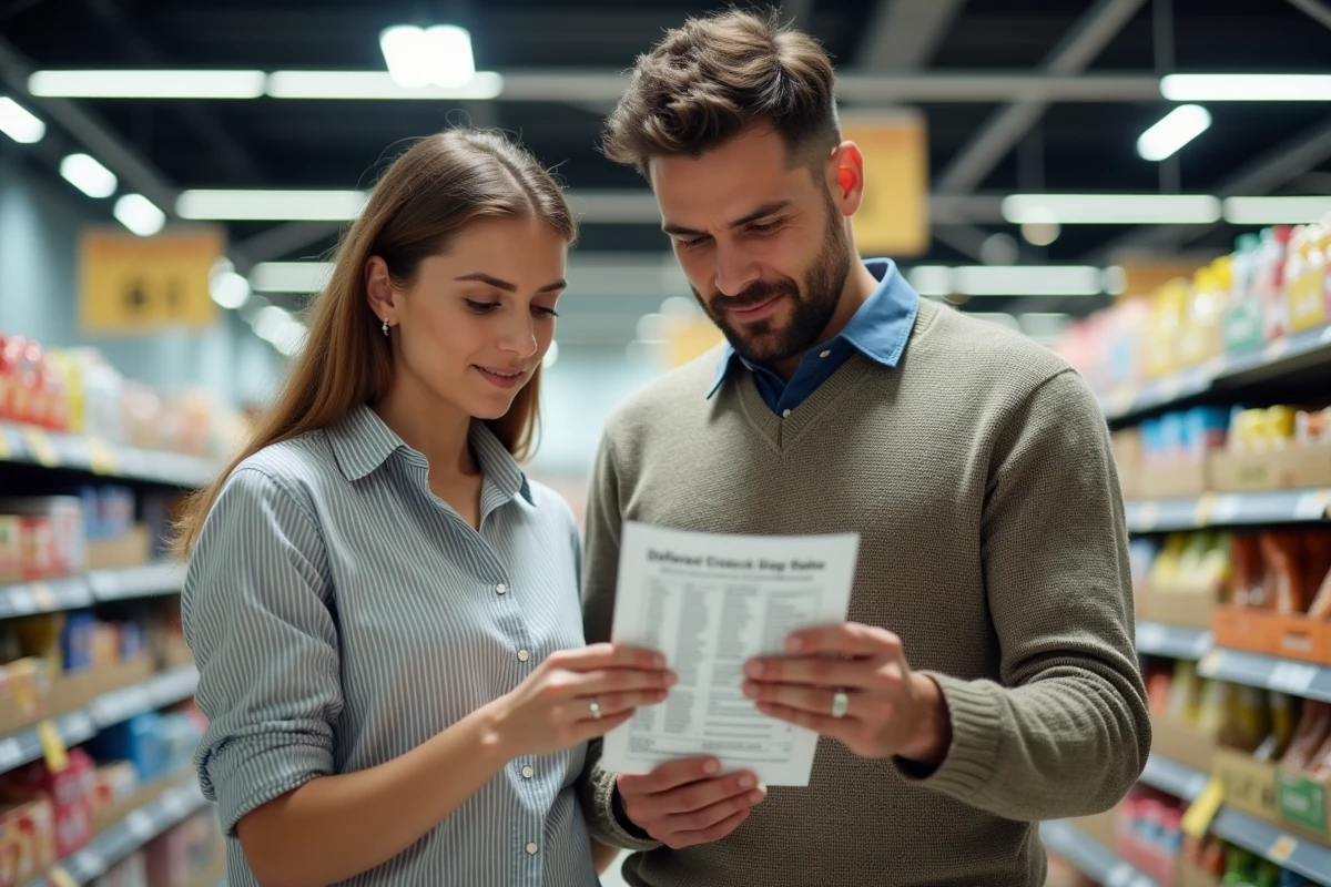 Couple consultant un planning de chèques différés Leclerc 2026 dans un rayon de supermarché