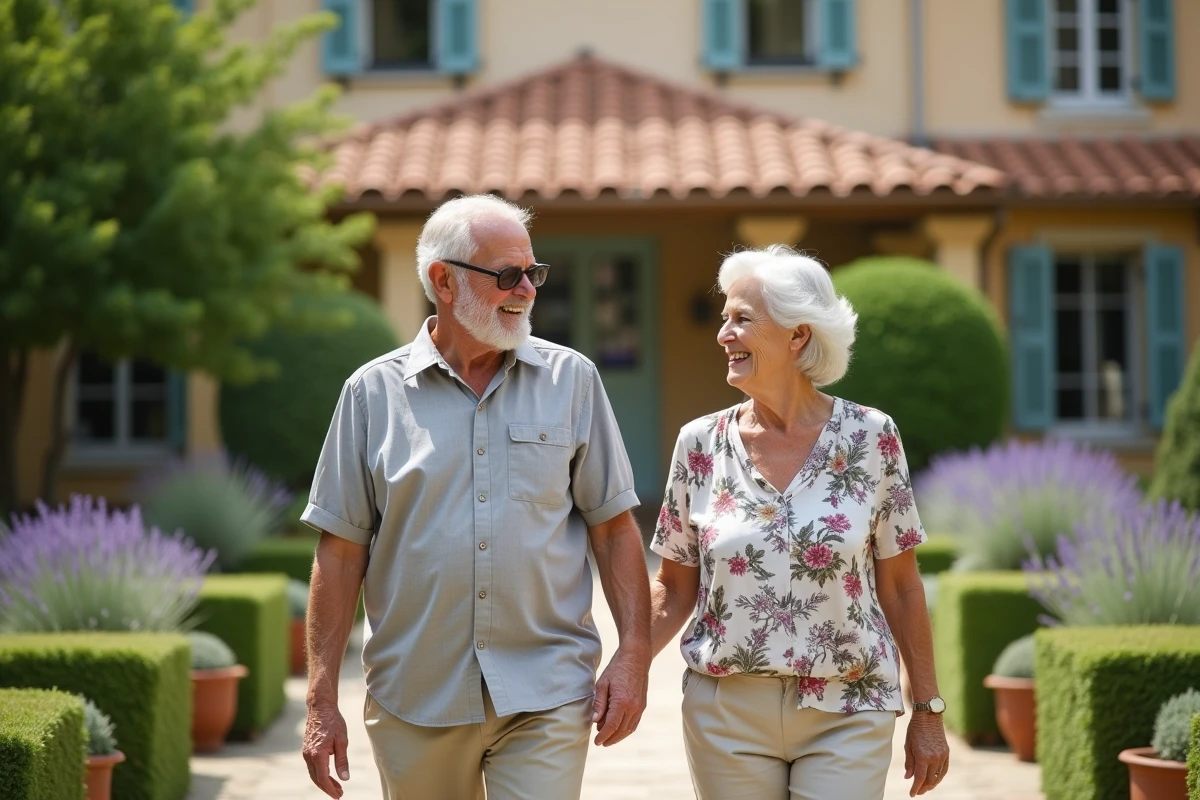 Un couple de seniors se promène dans le jardin aménagé d'une résidence senior en France