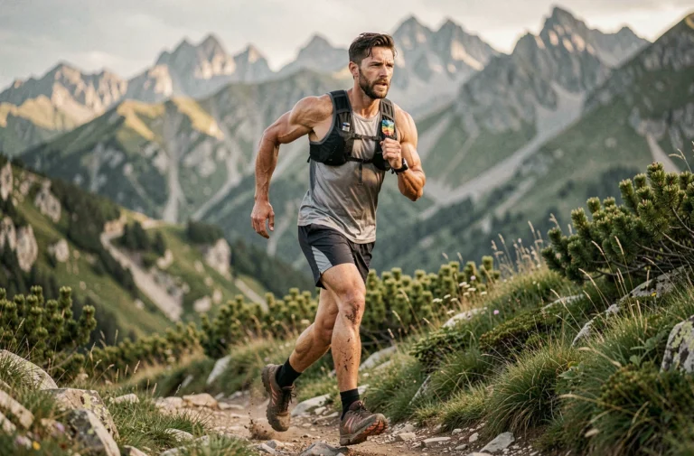 Coureur ultra-trail masculin en action sur sentier montagneux avec équipement technique de sport extrême