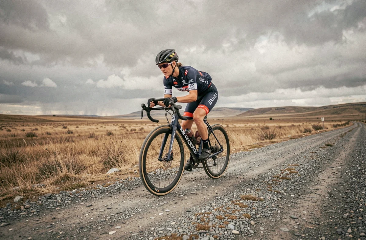 Cycliste ultra-endurance féminine sur route de gravier avec paysage ouvert et atmosphère dramatique