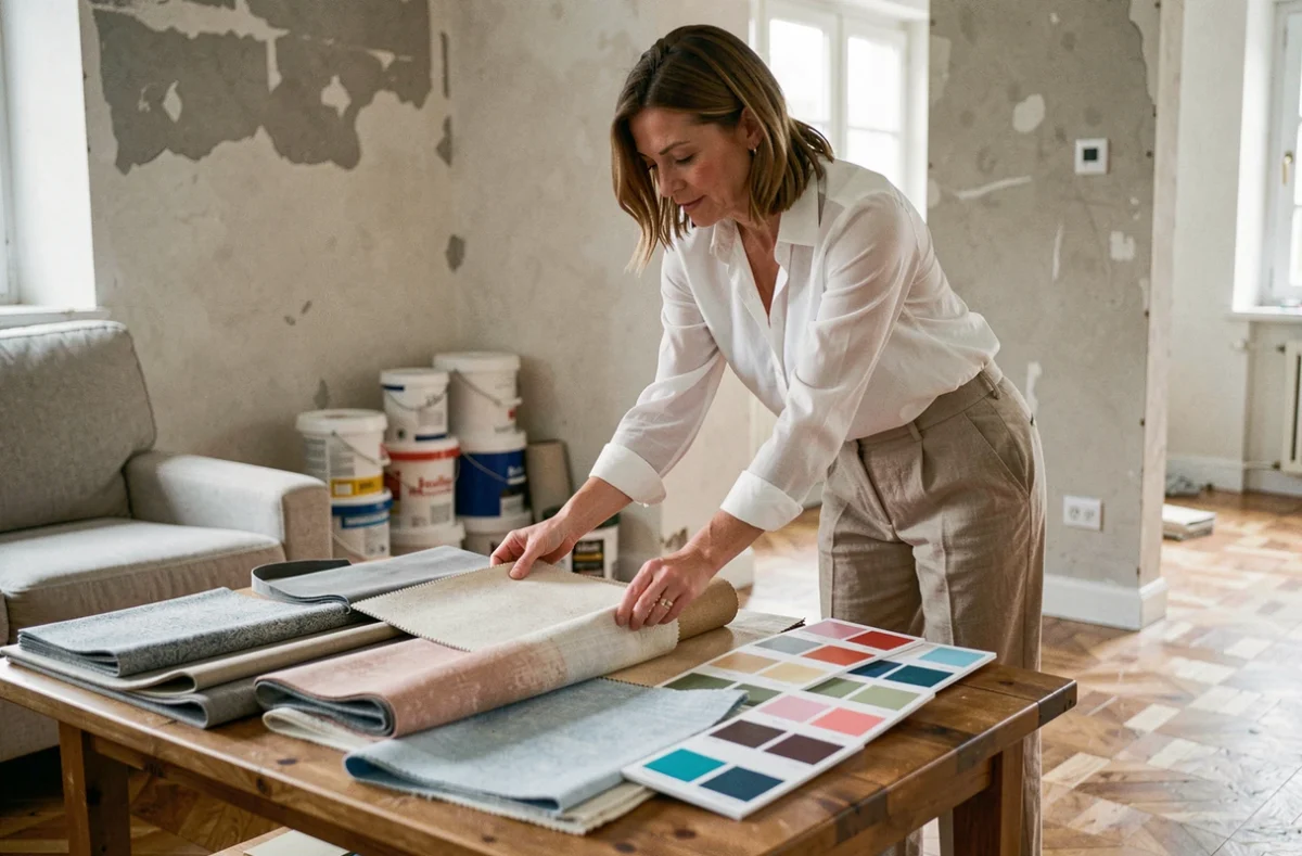Décoratrice d'intérieur examinant des échantillons de tissus et palettes de couleurs dans un salon en cours de rénovation