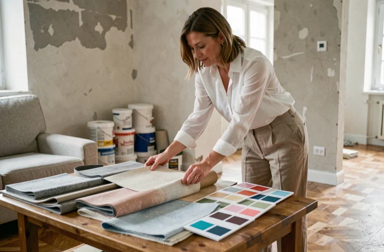 Décoratrice d'intérieur examinant des échantillons de tissus et palettes de couleurs dans un salon en cours de rénovation