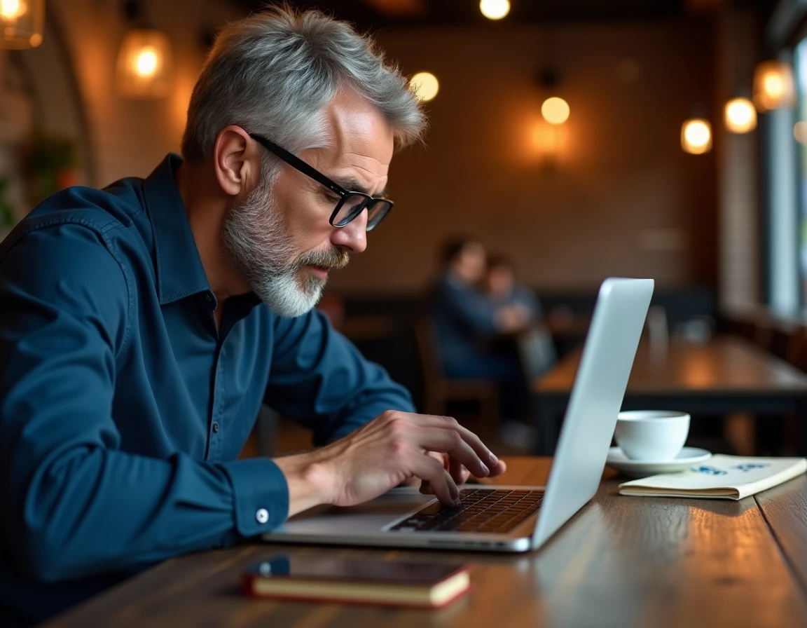 Homme dans un café montrant l'emplacement de la lettre M sur un clavier d'ordinateur portable