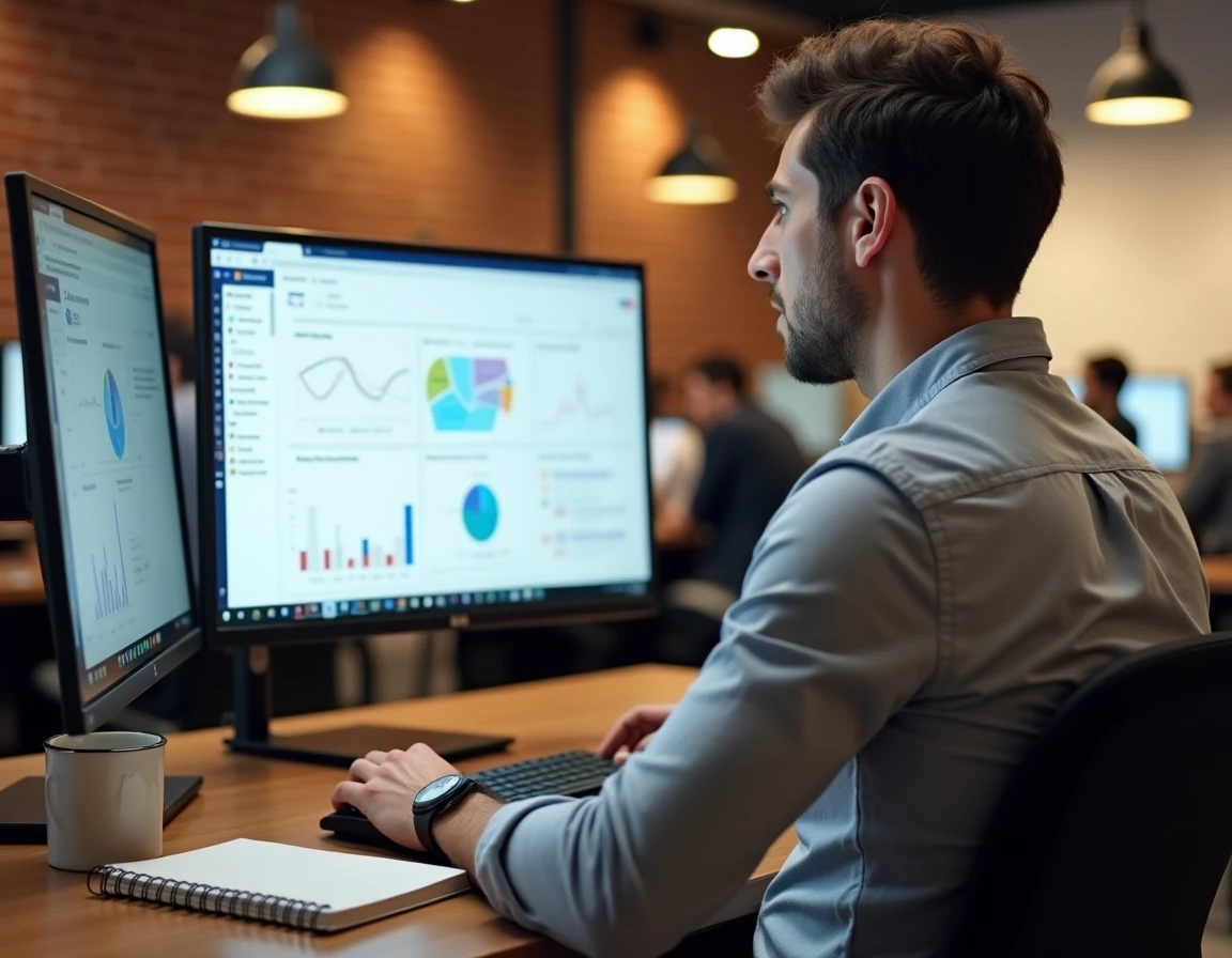 Entrepreneur B2B travaillant sur des tableaux de bord CRM et des outils de prospection commerciale dans un bureau en open space moderne