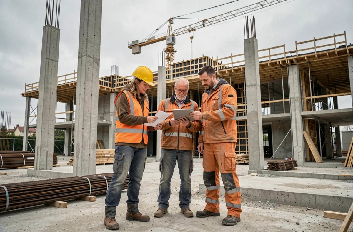 Équipe de professionnels sur un chantier de construction immobilière en France avec plans sur tablette