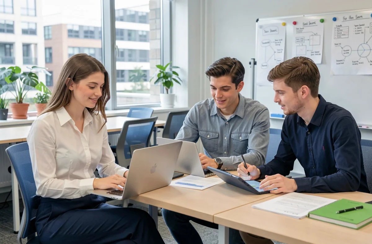 Étudiants en apprentissage collaborant sur un projet numérique dans une salle de classe innovante de CFA