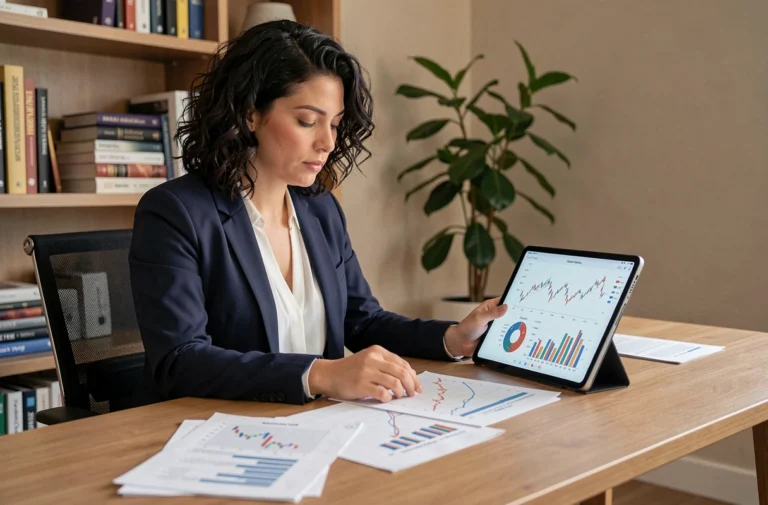 Femme professionnelle analysant des graphiques d'investissement sur tablette dans un bureau moderne à domicile