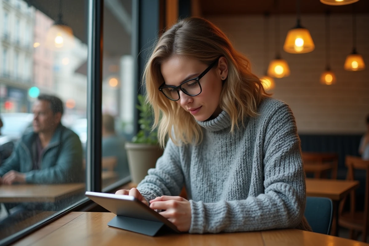 Femme avec tablette dans un café urbain en journée