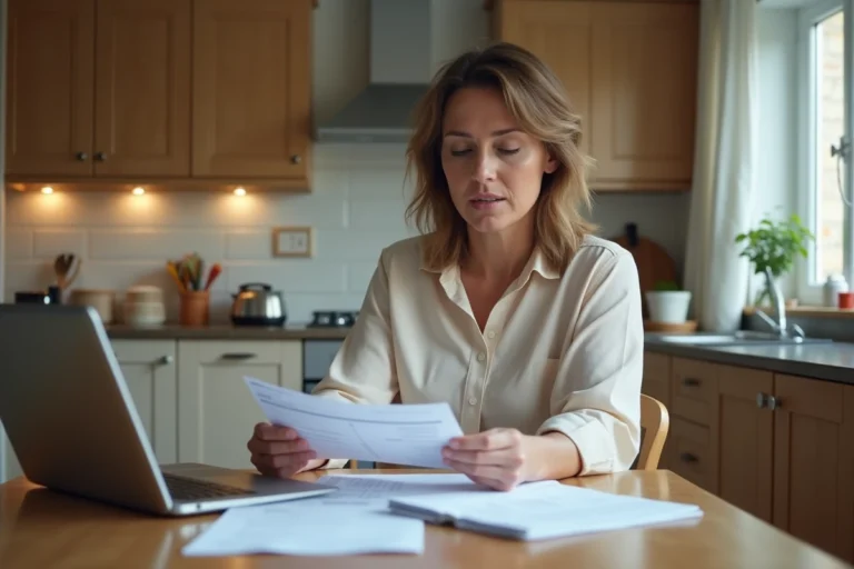 Femme examinant ses papiers administratifs à la maison