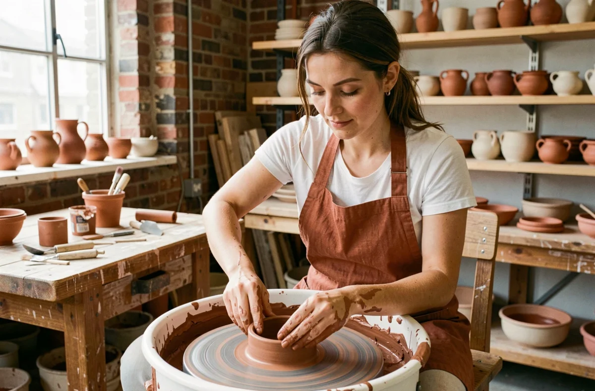 Femme en train de faire de la poterie sur un tour dans un atelier urbain artisanal, activité tendance et créative