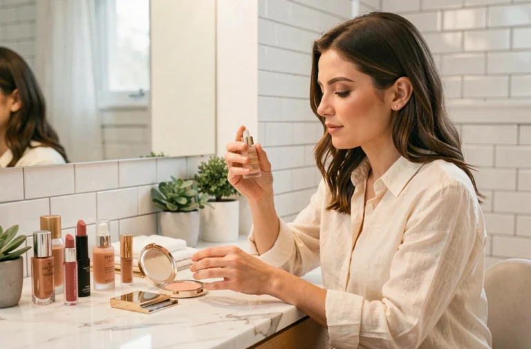 Femme découvrant des produits cosmétiques tendance sur une coiffeuse en marbre dans une salle de bain moderne