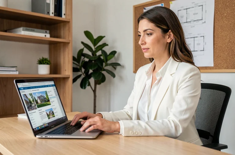 Femme professionnelle consultant des ressources immobilières en ligne depuis son bureau à domicile