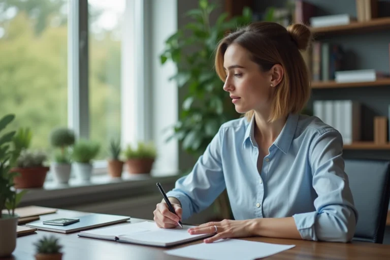 Femme d'affaires réfléchissant dans un bureau moderne