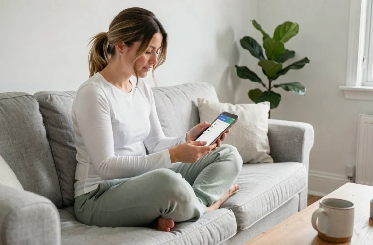 Femme consultant des ressources bien-être en ligne sur une tablette, assise confortablement dans un salon moderne et apaisant
