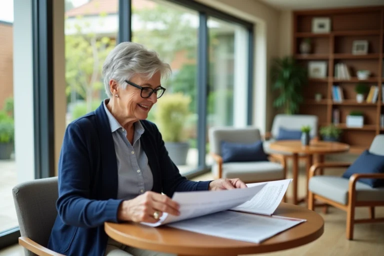 Une femme senior examine des brochures de résidences seniors dans un espace commun moderne et lumineux