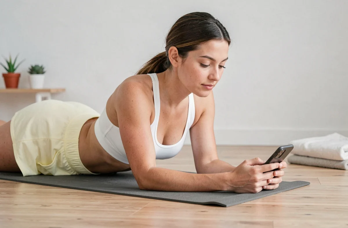 Jeune femme allongée sur un tapis de yoga consultant une ressource de méditation guidée sur smartphone dans un appartement minimaliste