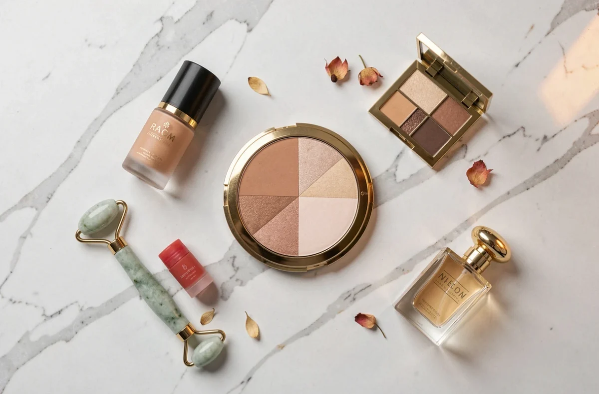 Flat lay de produits cosmétiques tendance sur fond blanc minimaliste pour boutique en ligne beauté