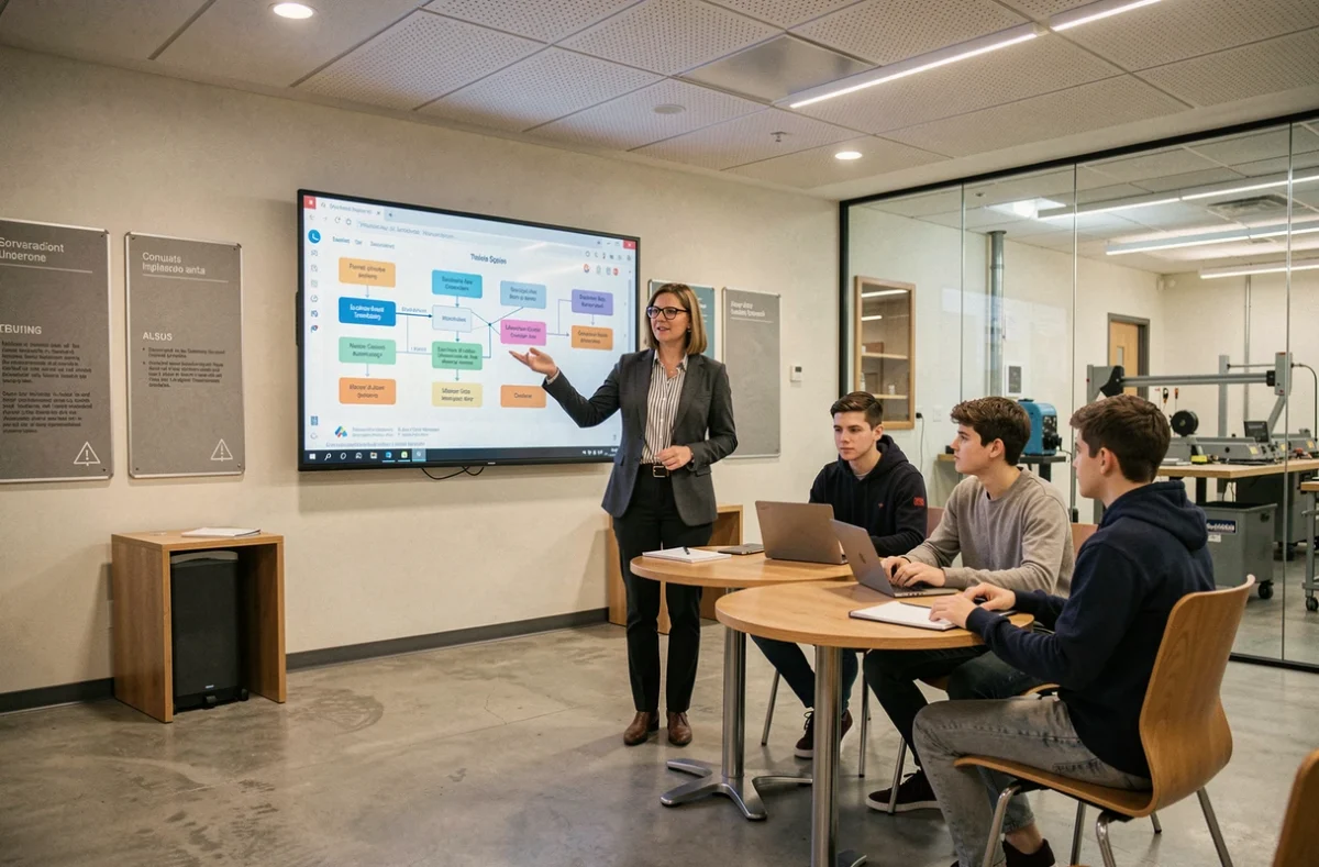 Formatrice de CFA animant une session de formation en alternance devant un écran interactif avec des apprentis attentifs
