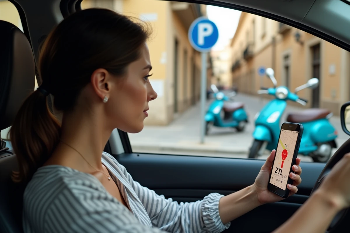 Femme au volant consultant son GPS affichant une zone ZTL à Palerme