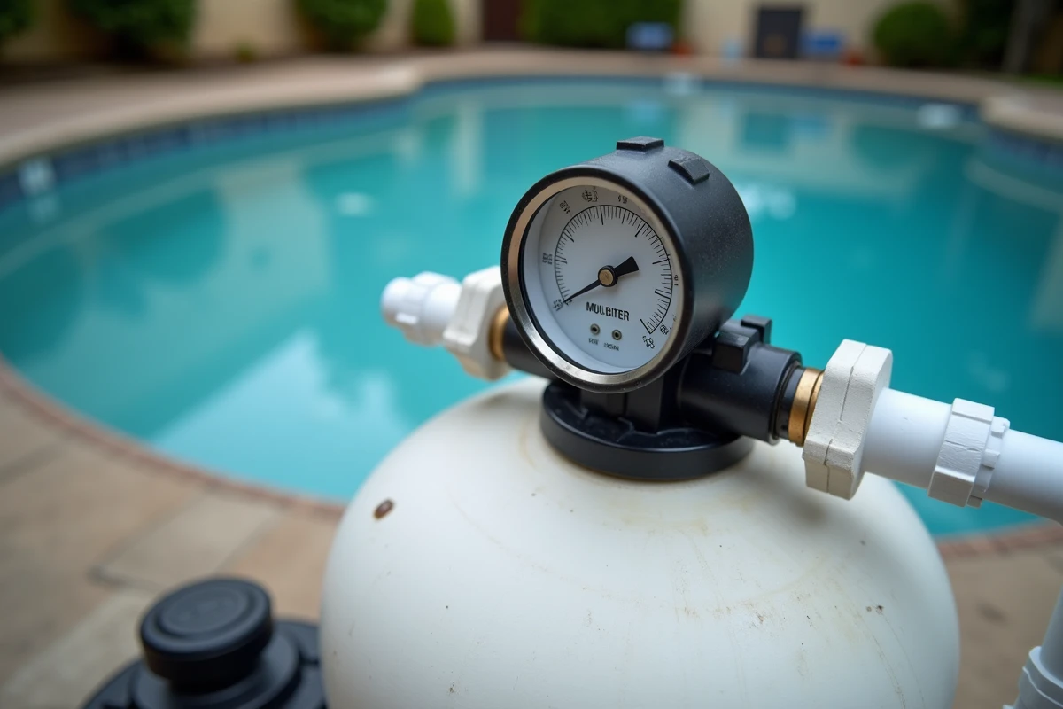 Gros plan sur le manomètre et la vanne multivoies d'un filtre à sable de piscine indiquant une pression anormalement basse