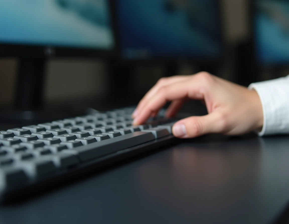 Gros plan sur la touche M d'un clavier mécanique QWERTY avec doigt posé dessus