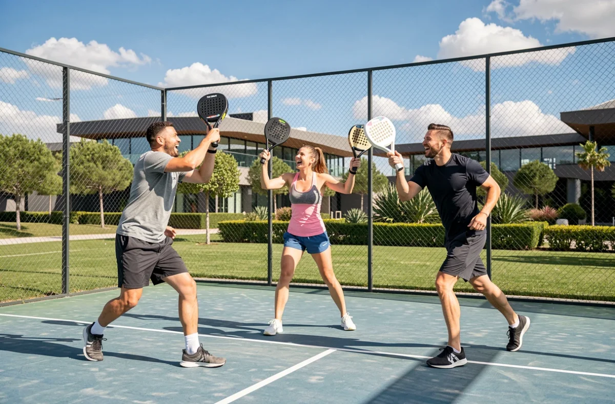 Groupe d'amis jouant au padel sur un court extérieur moderne, loisir tendance et activité sportive conviviale