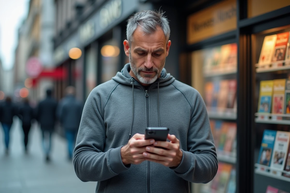 Homme consultant les dernières actualités sur son smartphone dans une rue animée
