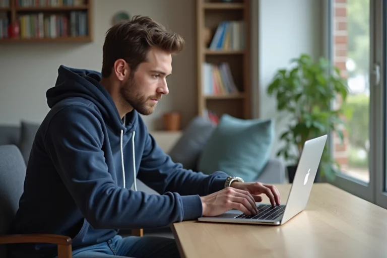Homme en hoodie regardant son ordinateur à la maison