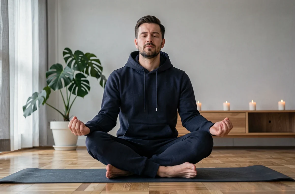 Homme en méditation sur un tapis de yoga dans un appartement minimaliste, activité bien-être et loisir tendance du quotidien