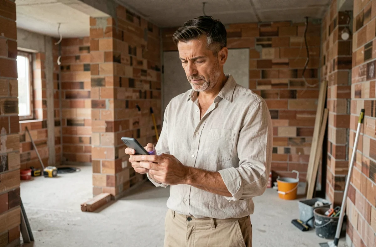 Homme consultant une plateforme immobilière sur smartphone dans un appartement en rénovation
