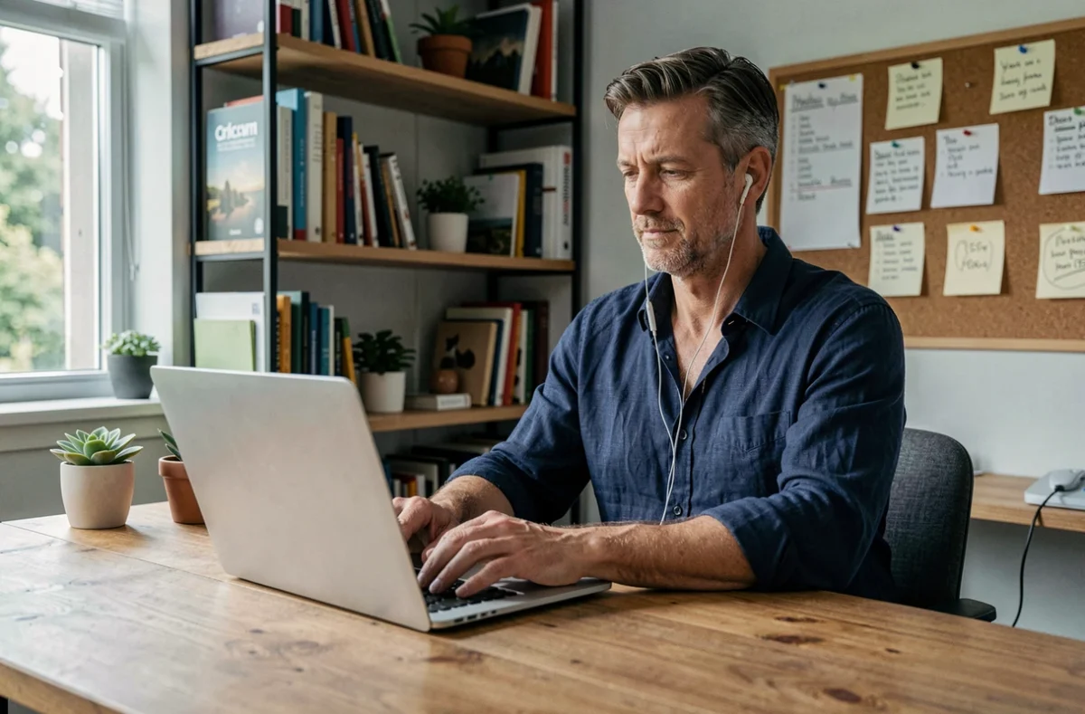 Homme d'âge moyen suivant un tutoriel de bien-être en ligne sur un ordinateur portable dans un bureau à domicile ordonné