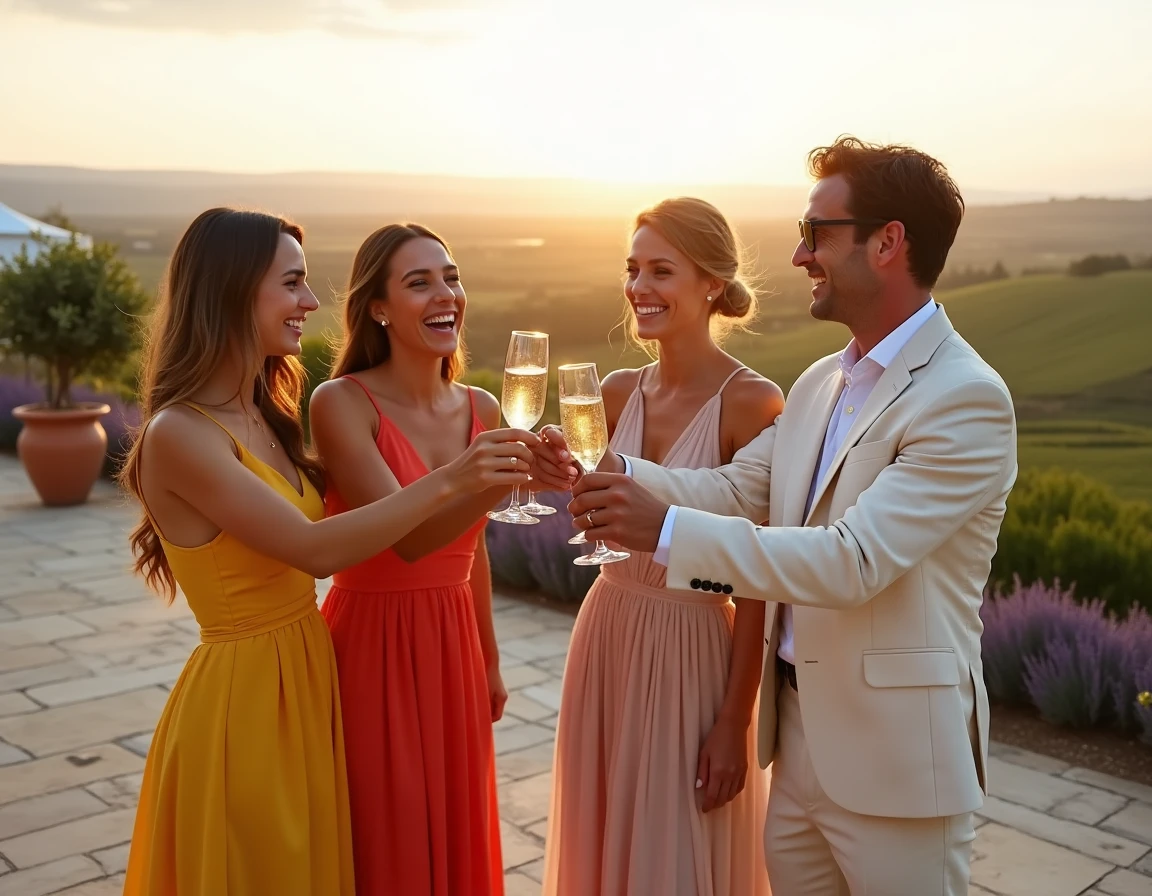 Groupe d'invités de mariage portant un toast au champagne sur une terrasse avec vue sur un vignoble provençal